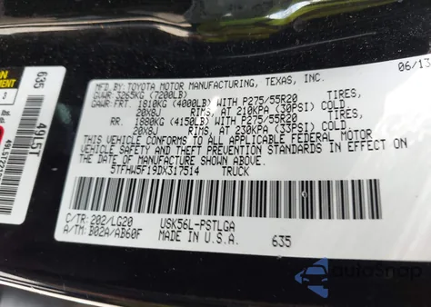 2013 Toyota Tundra Platinum 5.7L V8 из США, поврежденный, VIN 5TFHW5F19DX317514